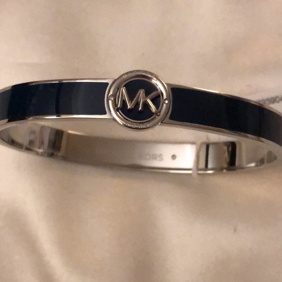 Michael Kors Silver Tone Stainless Steel Navy Blue Enamel Bangle MK Logo NWT Box - Picture 10 of 15